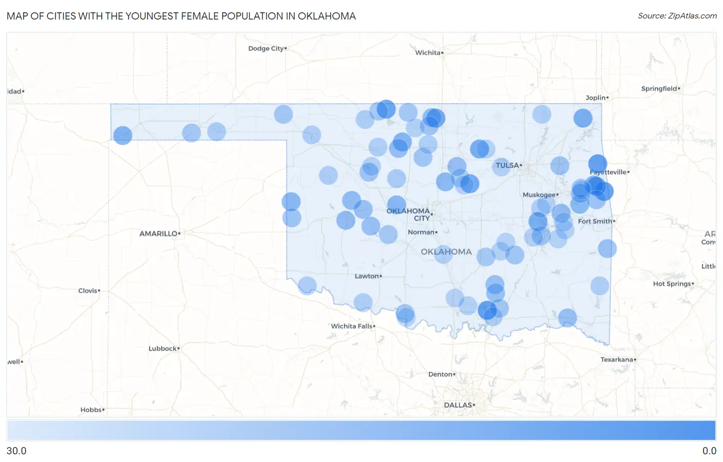 Cities with the Youngest Female Population in Oklahoma Map