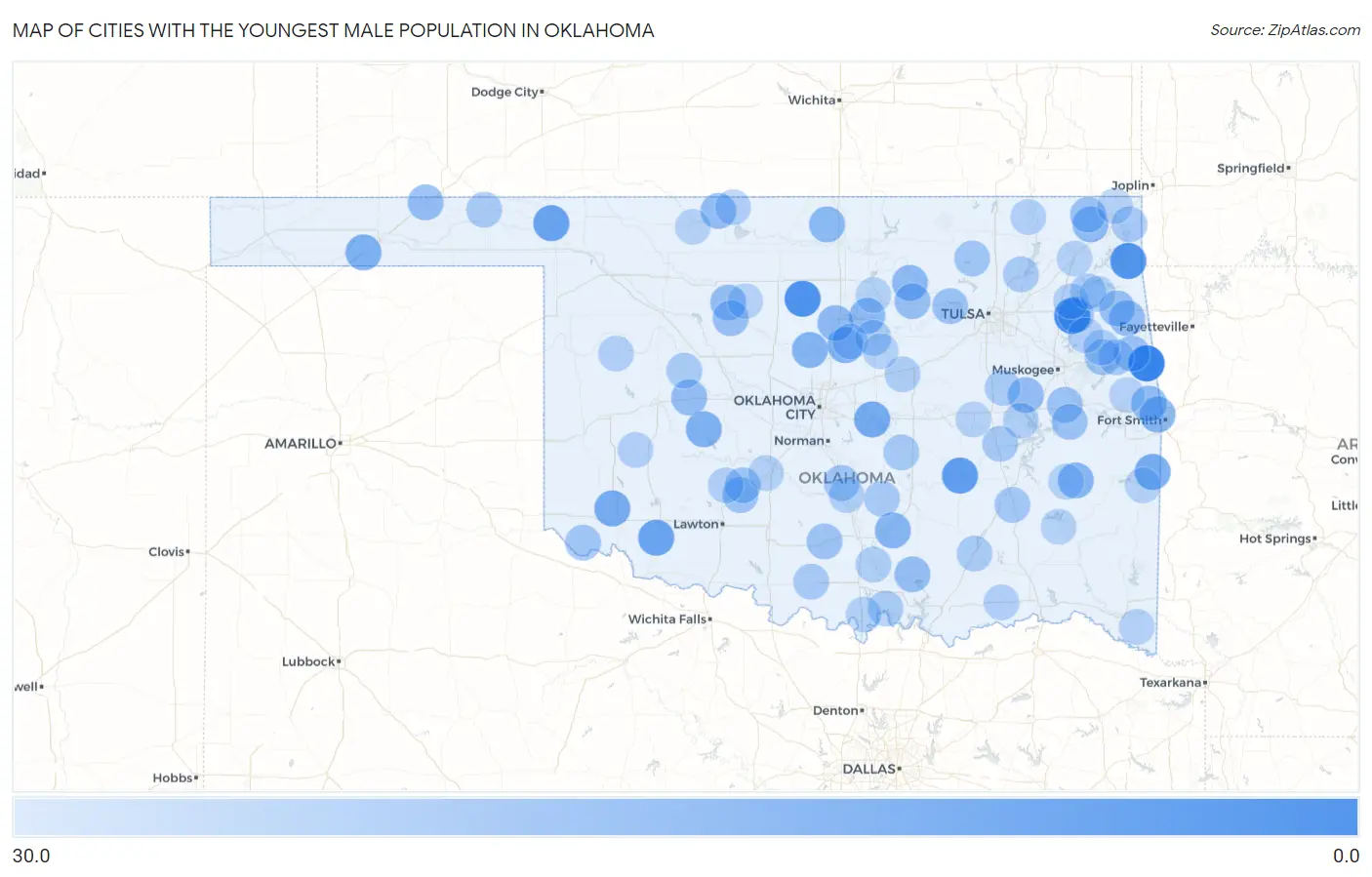 Cities with the Youngest Male Population in Oklahoma Map