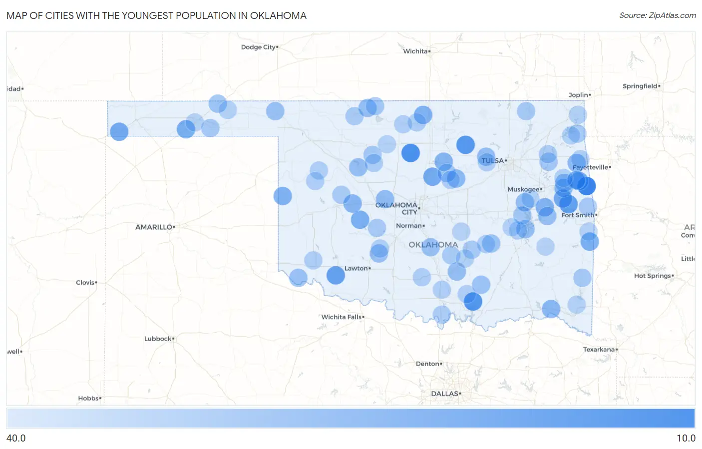 Cities with the Youngest Population in Oklahoma Map