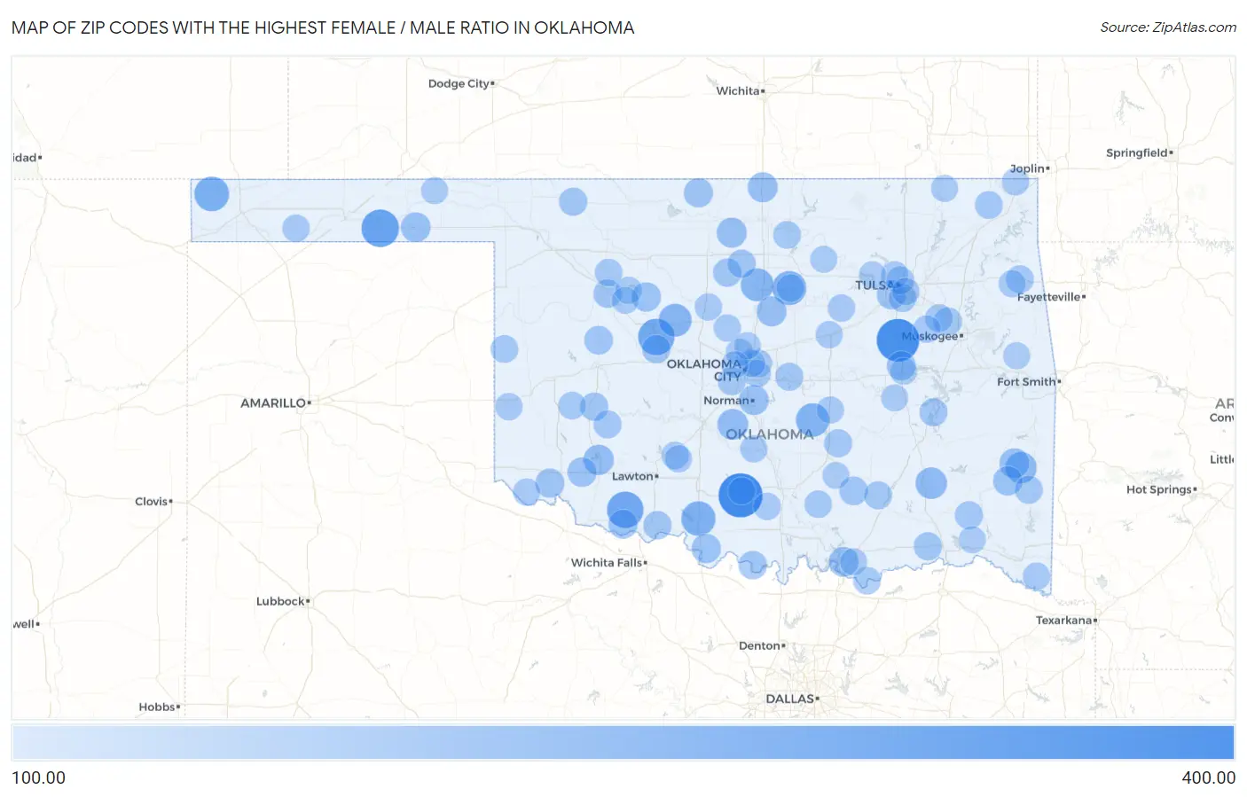 Zip Codes with the Highest Female / Male Ratio in Oklahoma Map