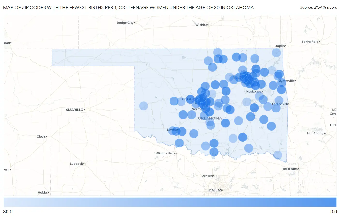 Zip Codes with the Fewest Births per 1,000 Teenage Women Under the Age of 20 in Oklahoma Map