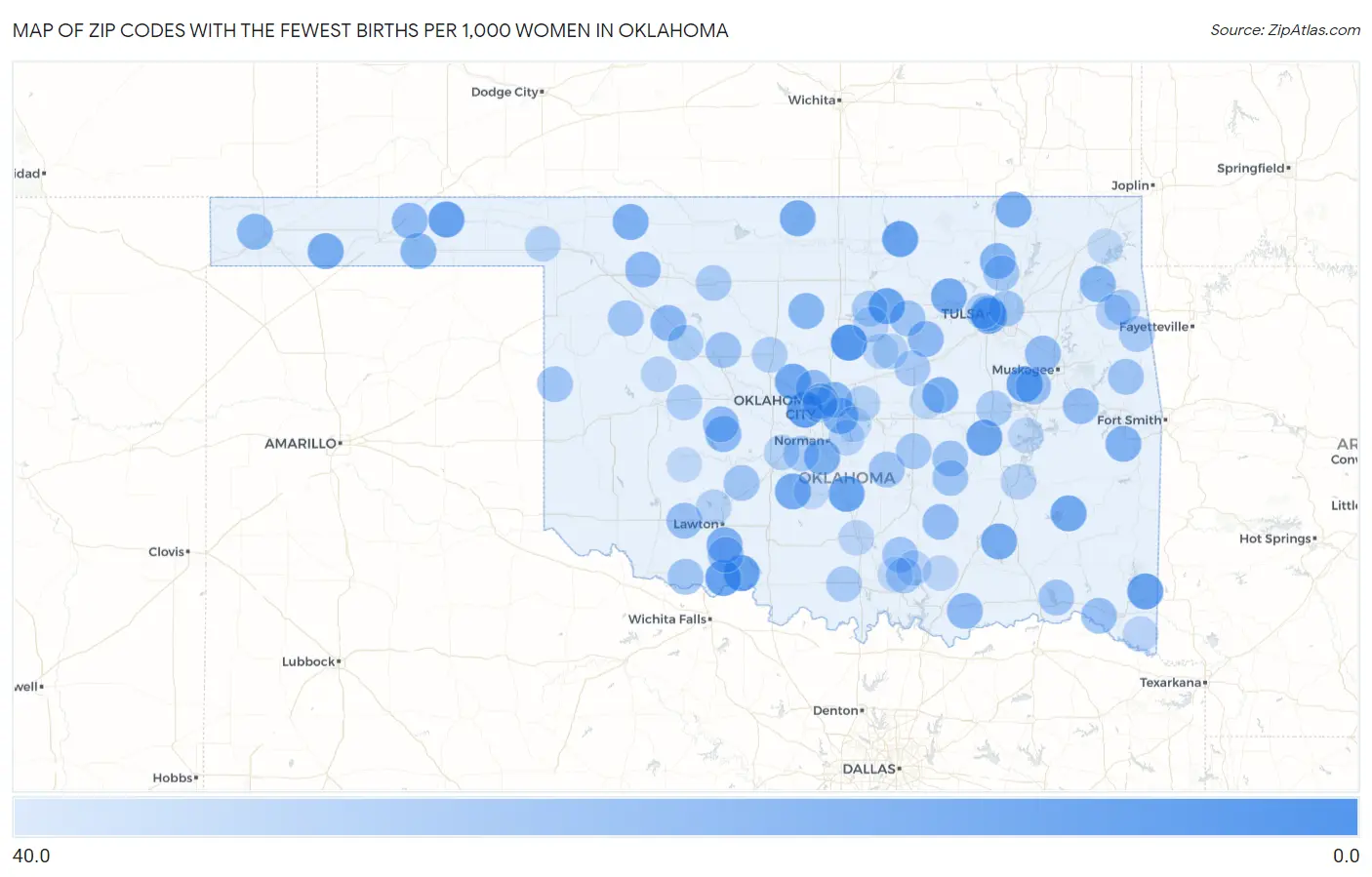 Zip Codes with the Fewest Births per 1,000 Women in Oklahoma Map