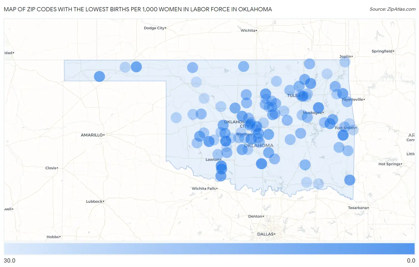 Zip Codes with the Lowest Births per 1,000 Women in Labor Force in Oklahoma Map