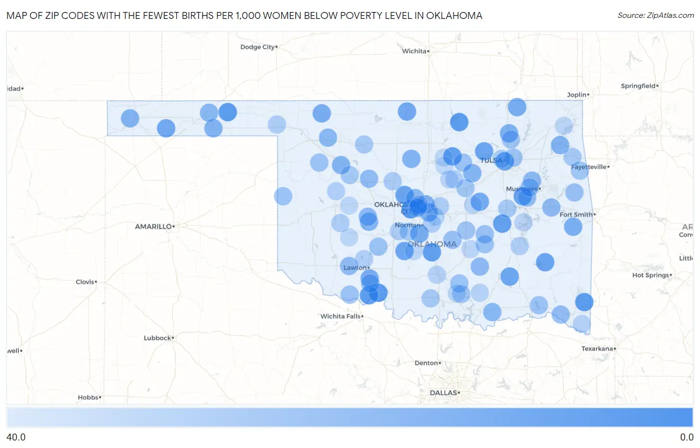 Zip Codes with the Fewest Births per 1,000 Women Below Poverty Level in Oklahoma Map