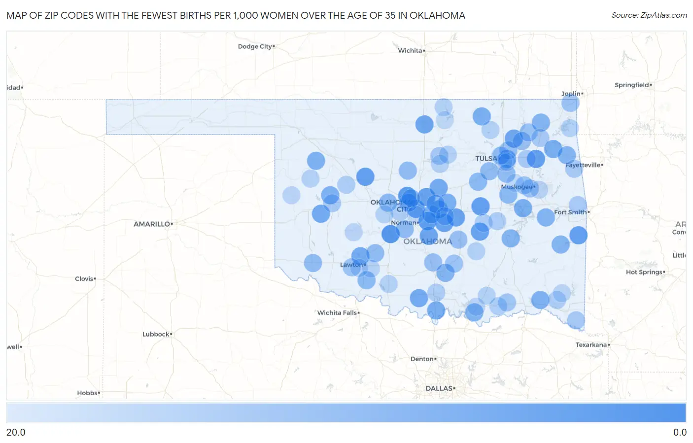 Zip Codes with the Fewest Births per 1,000 Women Over the Age of 35 in Oklahoma Map