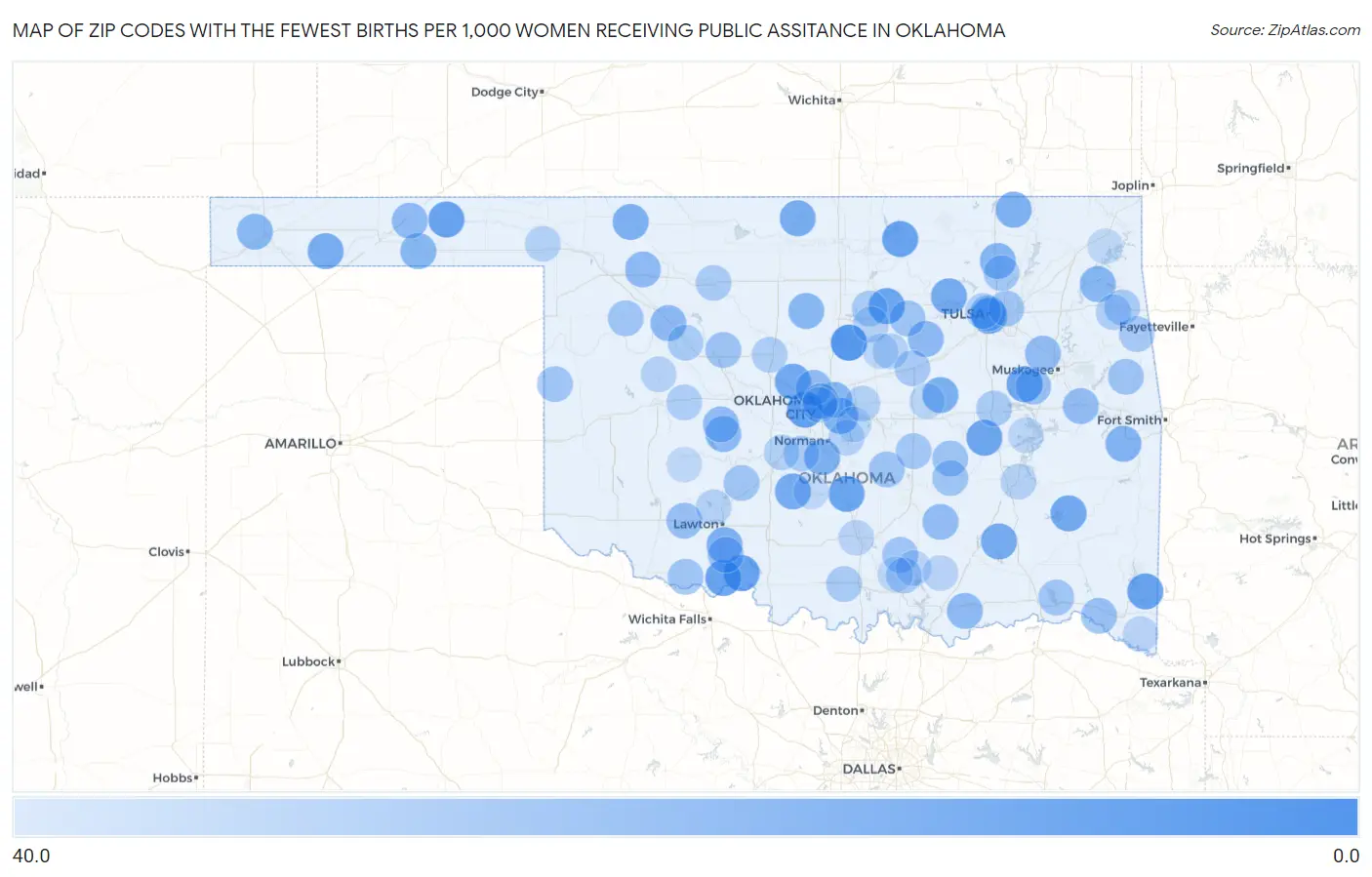 Zip Codes with the Fewest Births per 1,000 Women Receiving Public Assitance in Oklahoma Map