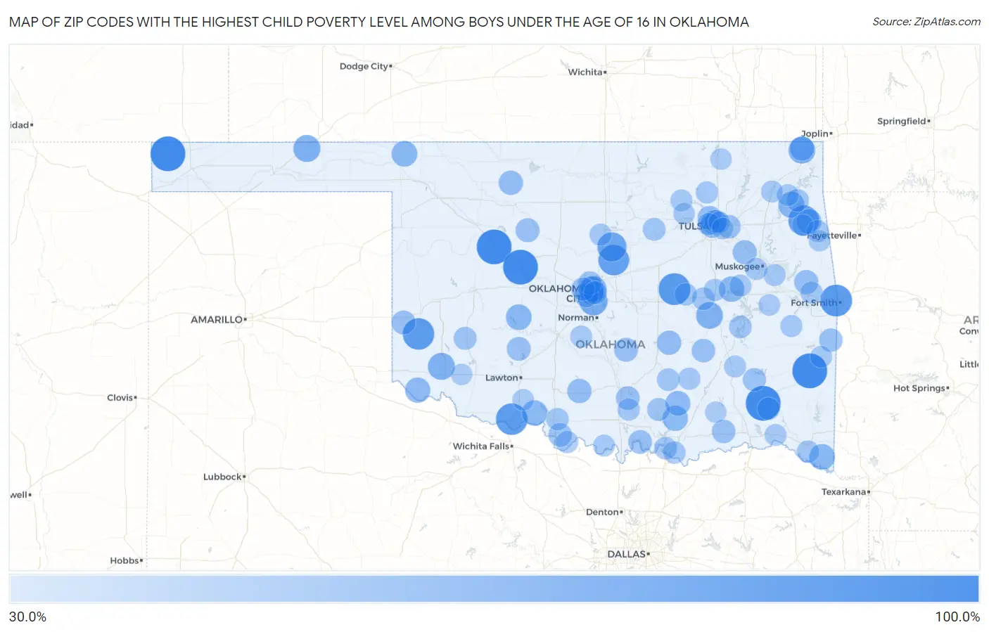 Zip Codes with the Highest Child Poverty Level Among Boys Under the Age of 16 in Oklahoma Map