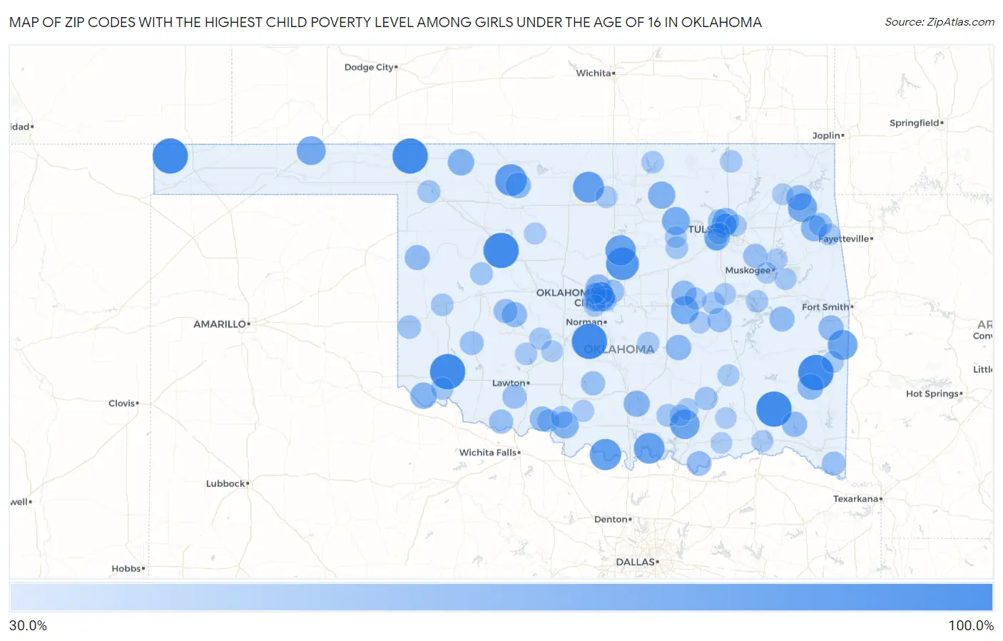 Zip Codes with the Highest Child Poverty Level Among Girls Under the Age of 16 in Oklahoma Map