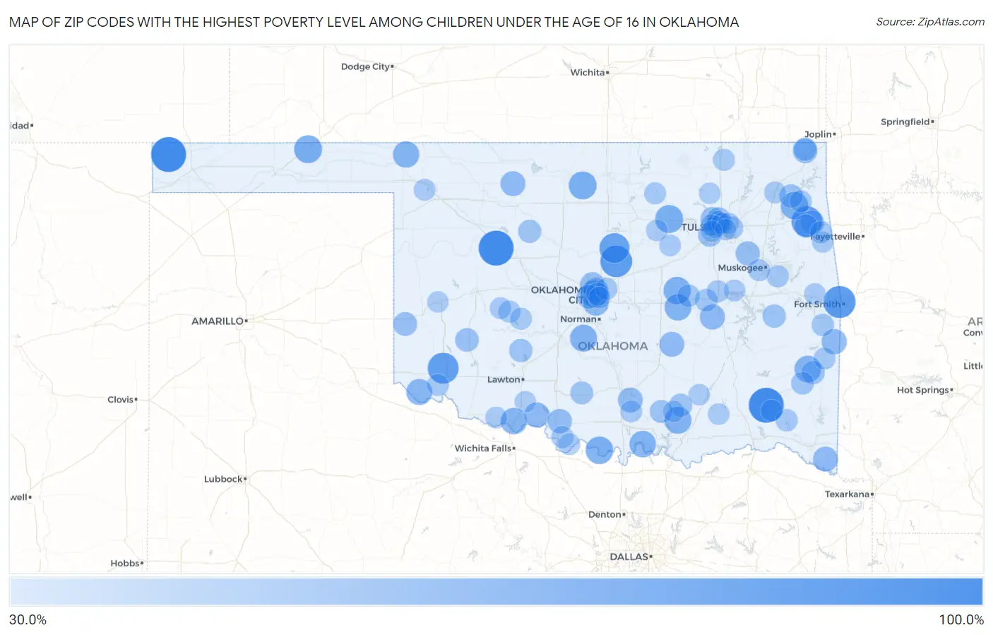 Zip Codes with the Highest Poverty Level Among Children Under the Age of 16 in Oklahoma Map