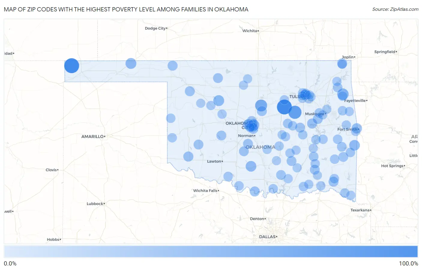 Zip Codes with the Highest Poverty Level Among Families in Oklahoma Map
