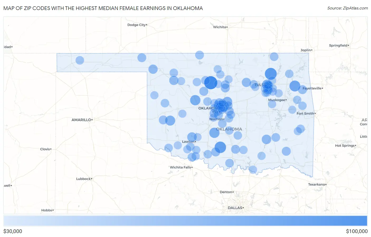Zip Codes with the Highest Median Female Earnings in Oklahoma Map