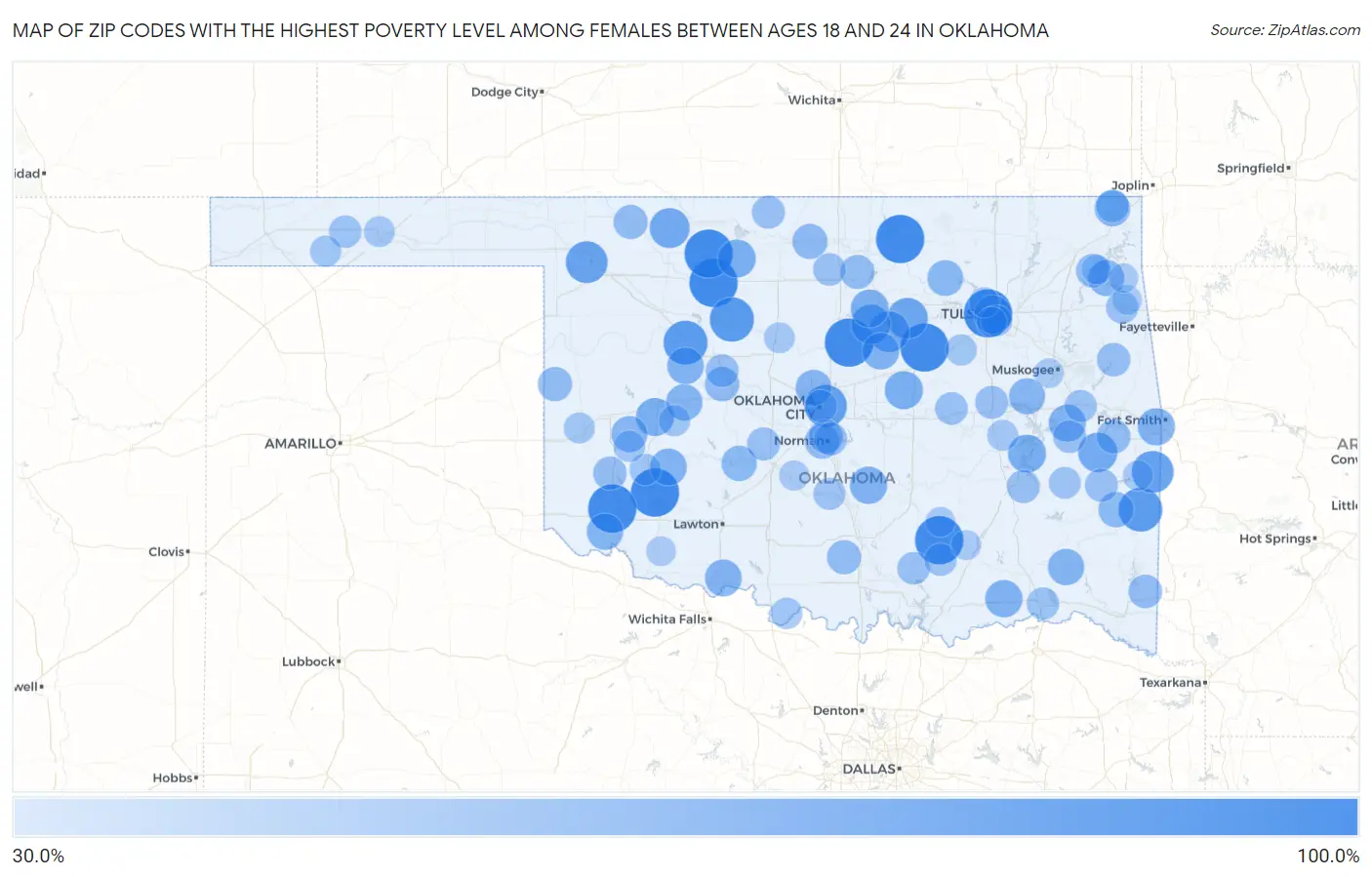 Zip Codes with the Highest Poverty Level Among Females Between Ages 18 and 24 in Oklahoma Map
