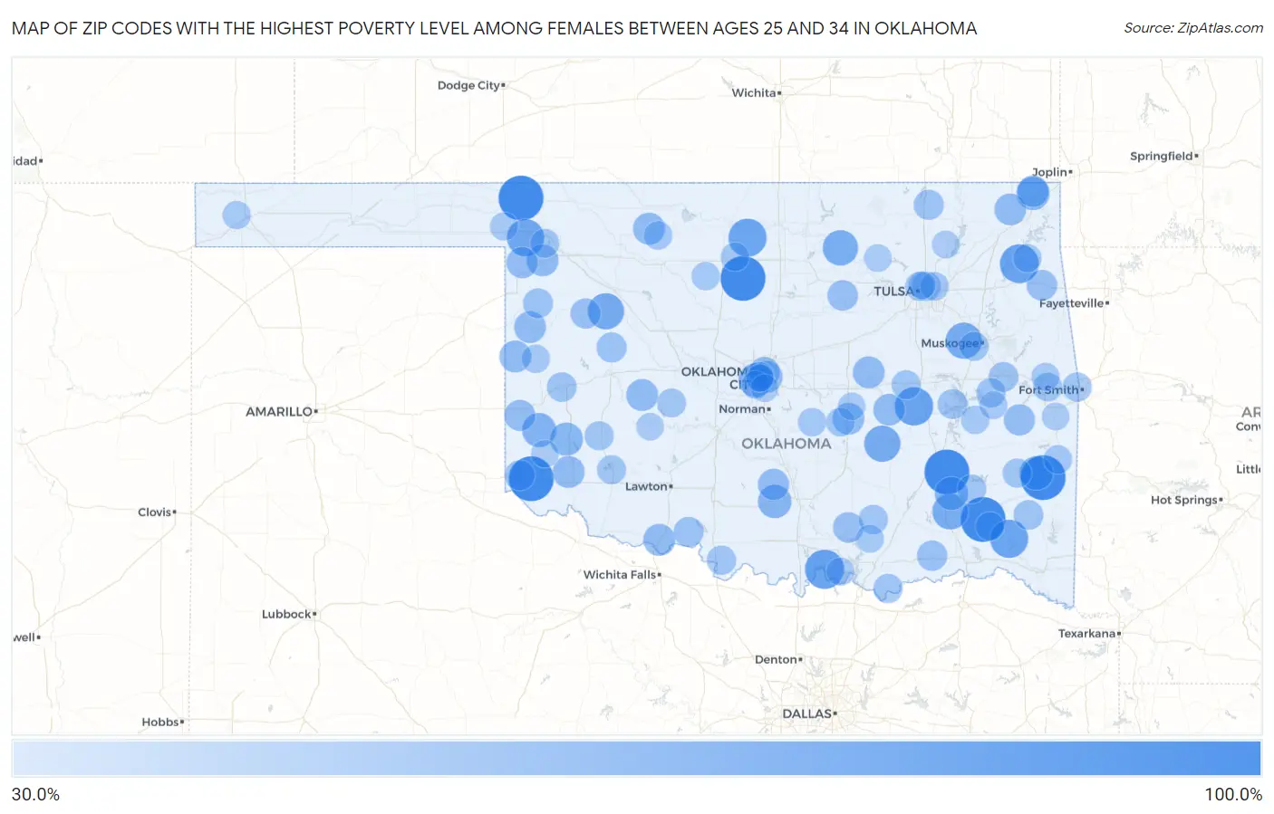 Zip Codes with the Highest Poverty Level Among Females Between Ages 25 and 34 in Oklahoma Map