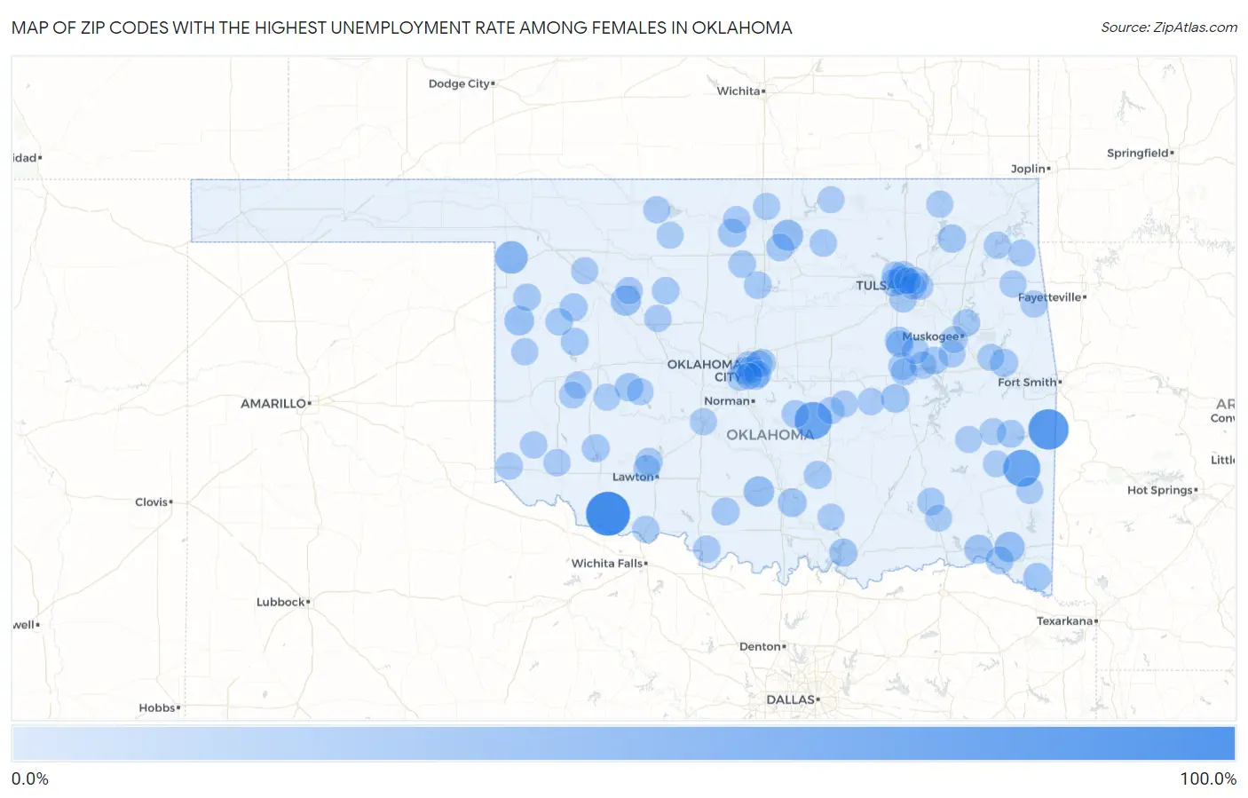 Zip Codes with the Highest Unemployment Rate Among Females in Oklahoma Map