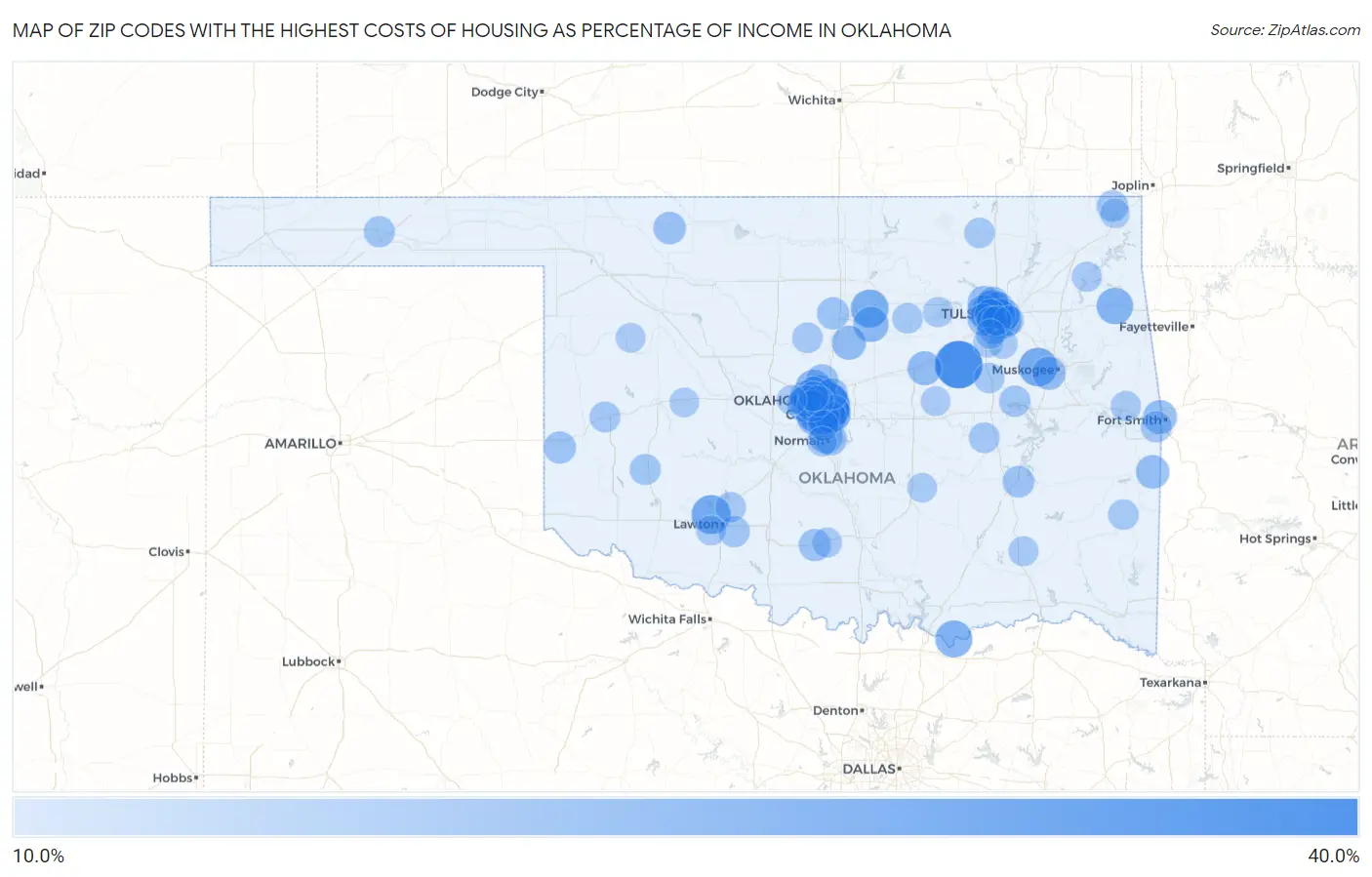 Zip Codes with the Highest Costs of Housing as Percentage of Income in Oklahoma Map