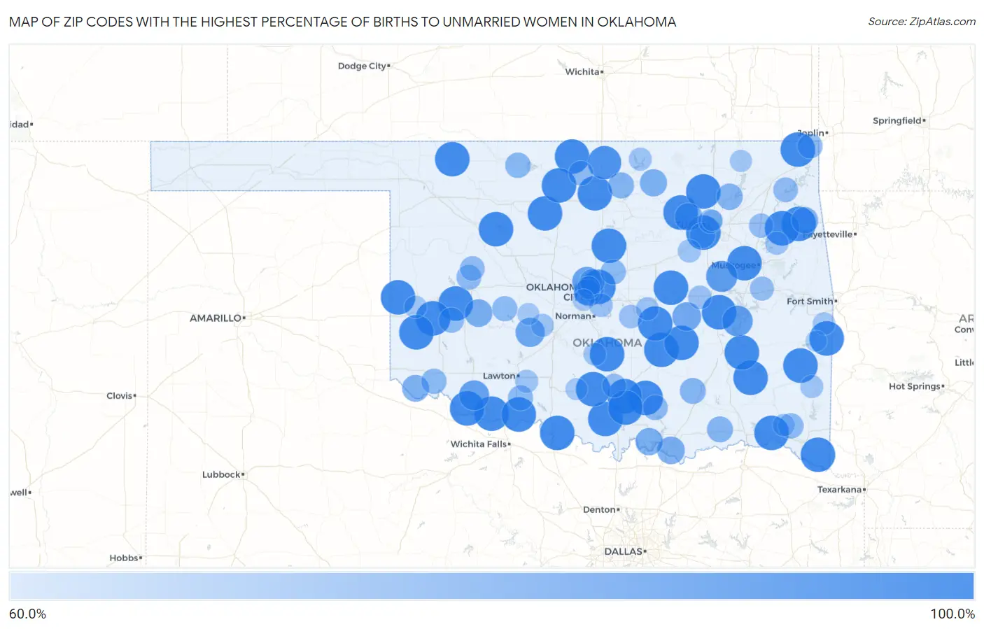 Zip Codes with the Highest Percentage of Births to Unmarried Women in Oklahoma Map
