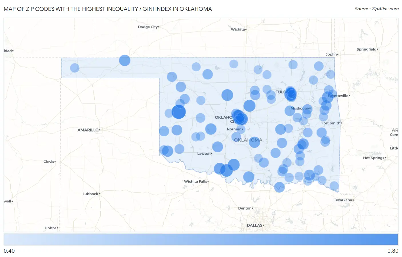 Zip Codes with the Highest Inequality / Gini Index in Oklahoma Map