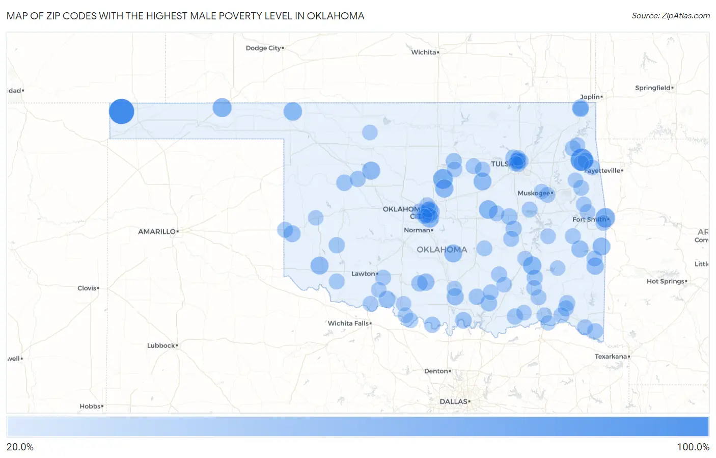 Zip Codes with the Highest Male Poverty Level in Oklahoma Map