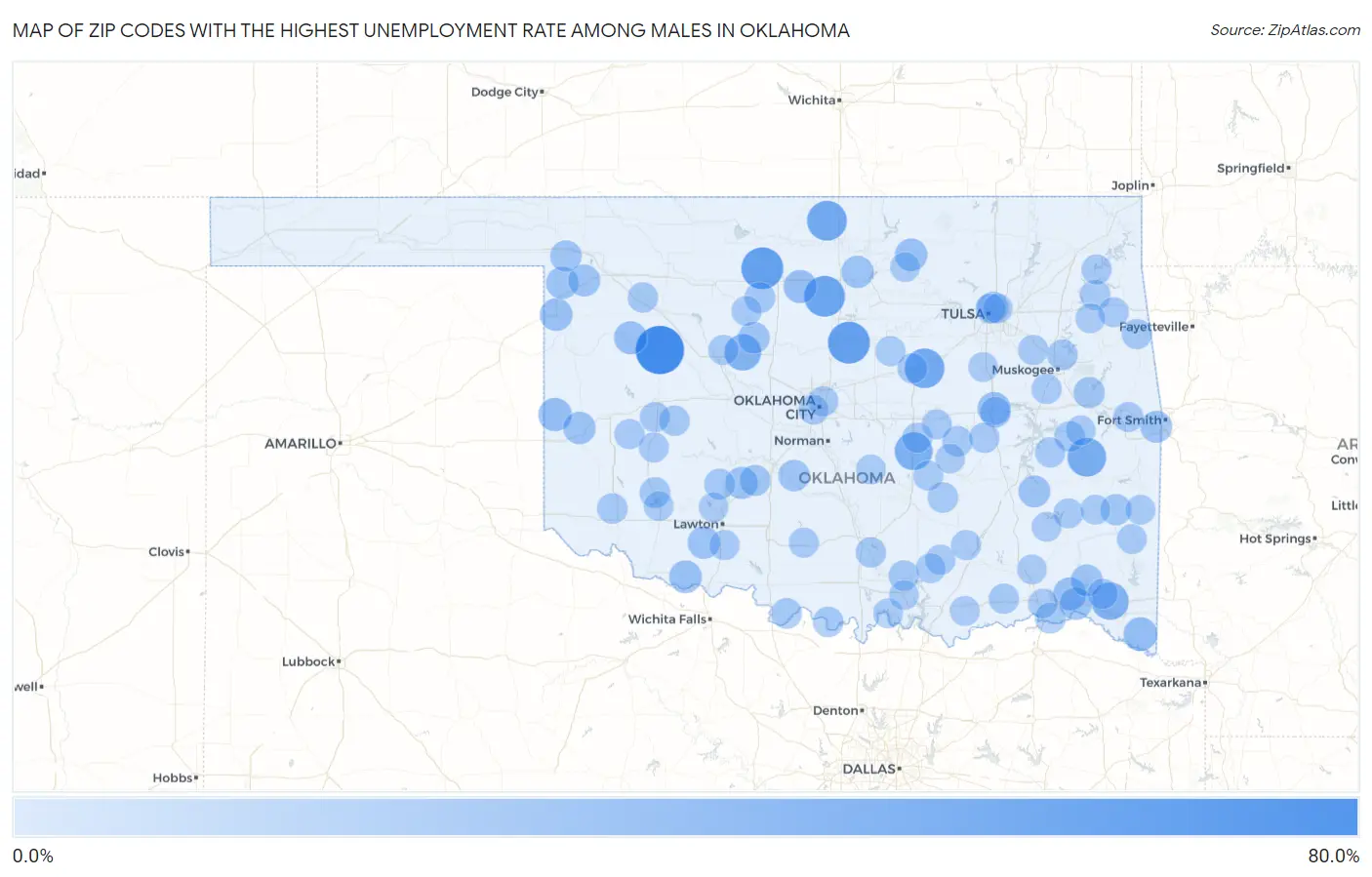Zip Codes with the Highest Unemployment Rate Among Males in Oklahoma Map