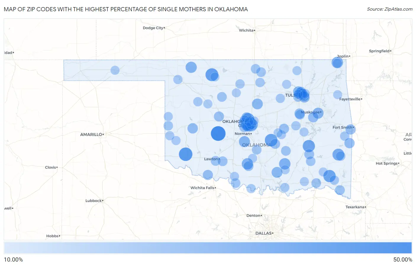 Zip Codes with the Highest Percentage of Single Mothers in Oklahoma Map