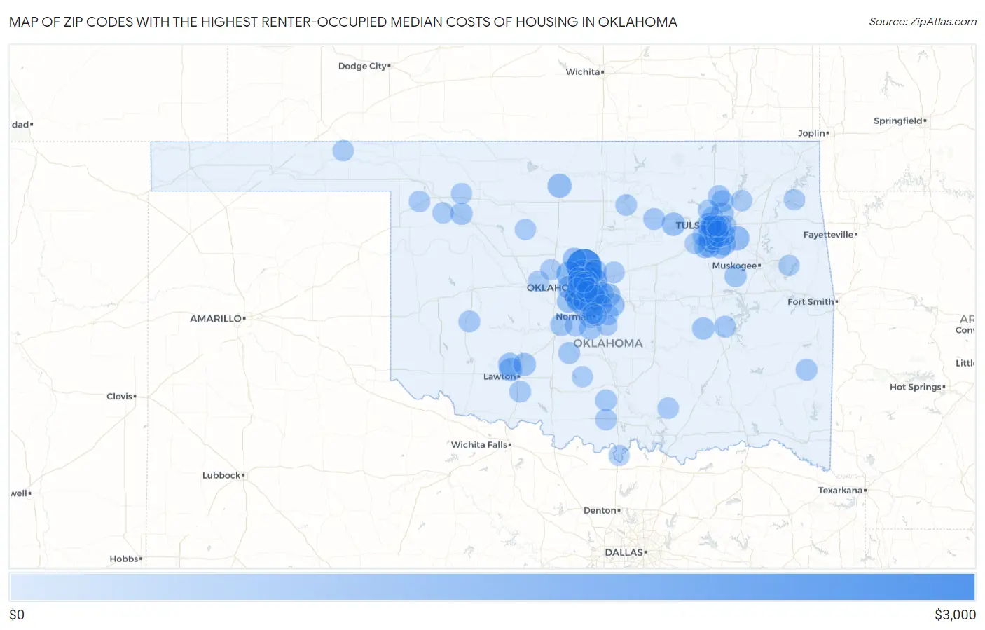 Zip Codes with the Highest Renter-Occupied Median Costs of Housing in Oklahoma Map