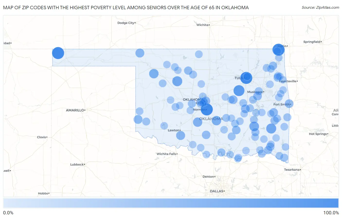 Zip Codes with the Highest Poverty Level Among Seniors Over the Age of 65 in Oklahoma Map