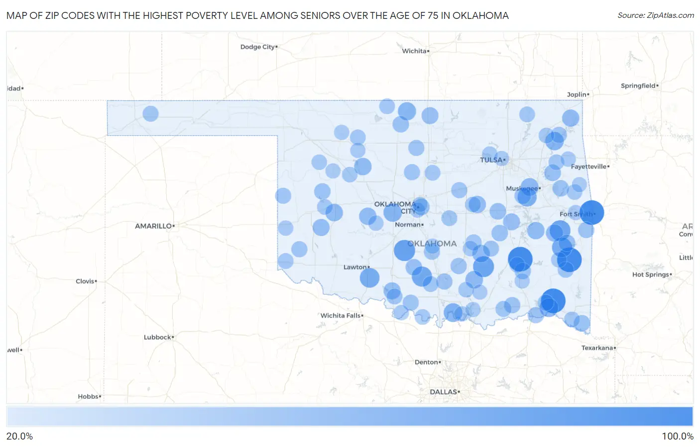 Zip Codes with the Highest Poverty Level Among Seniors Over the Age of 75 in Oklahoma Map