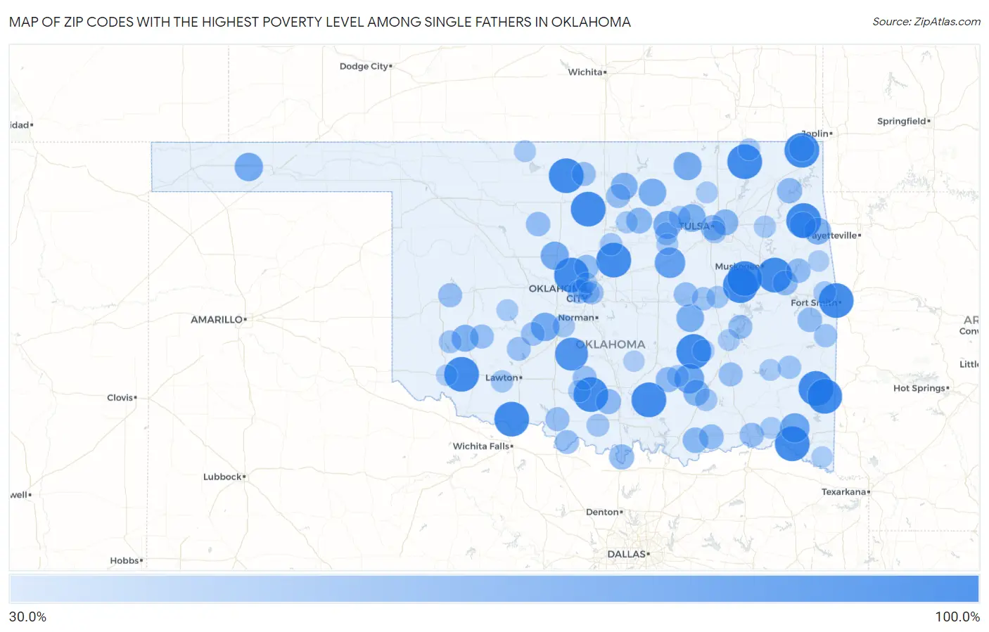Zip Codes with the Highest Poverty Level Among Single Fathers in Oklahoma Map