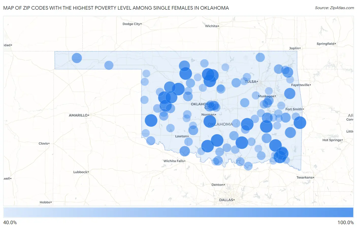 Zip Codes with the Highest Poverty Level Among Single Females in Oklahoma Map