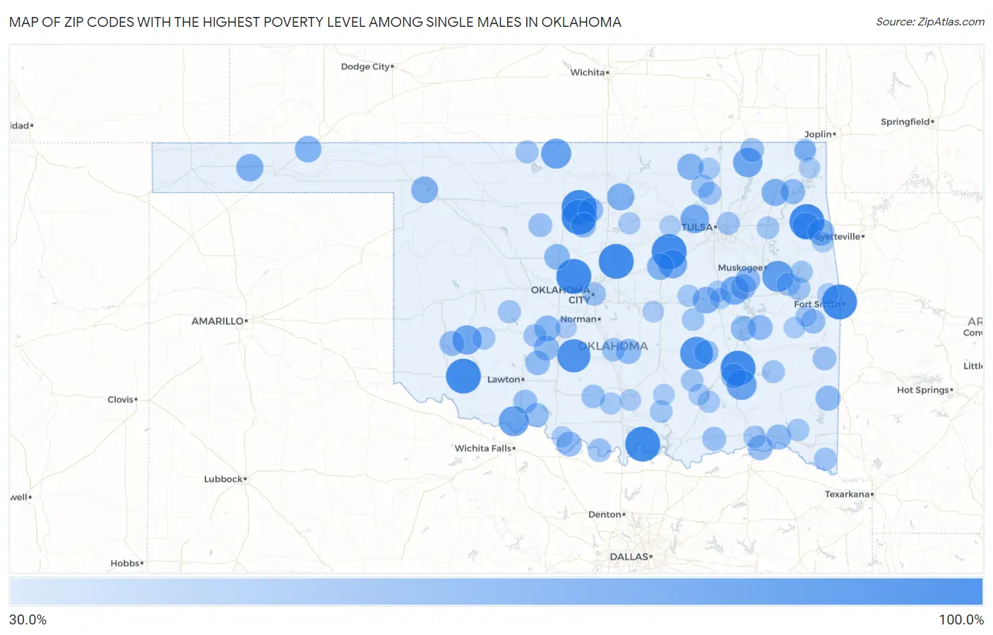 Zip Codes with the Highest Poverty Level Among Single Males in Oklahoma Map