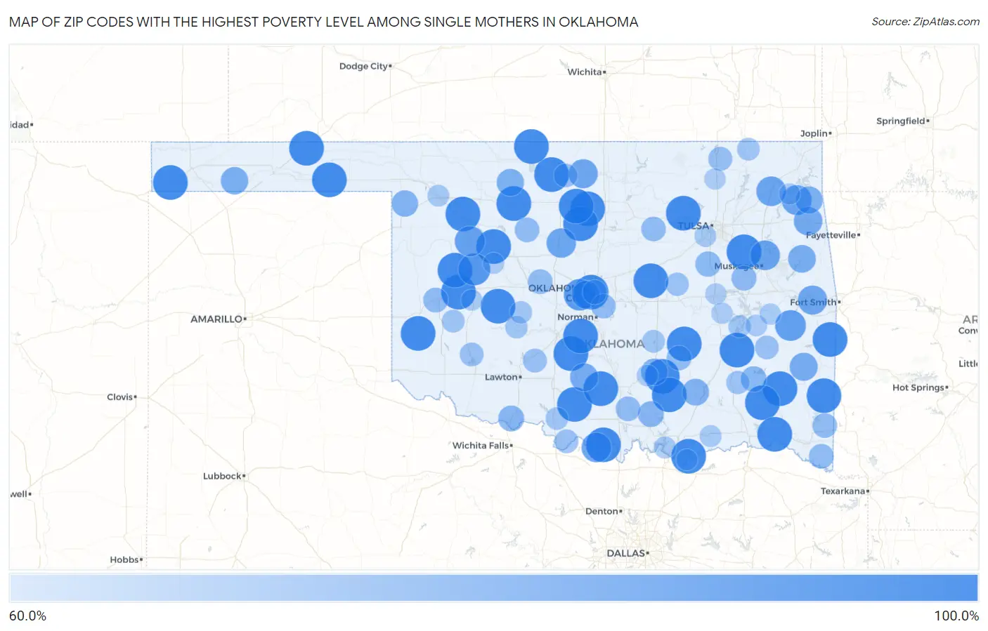 Zip Codes with the Highest Poverty Level Among Single Mothers in Oklahoma Map