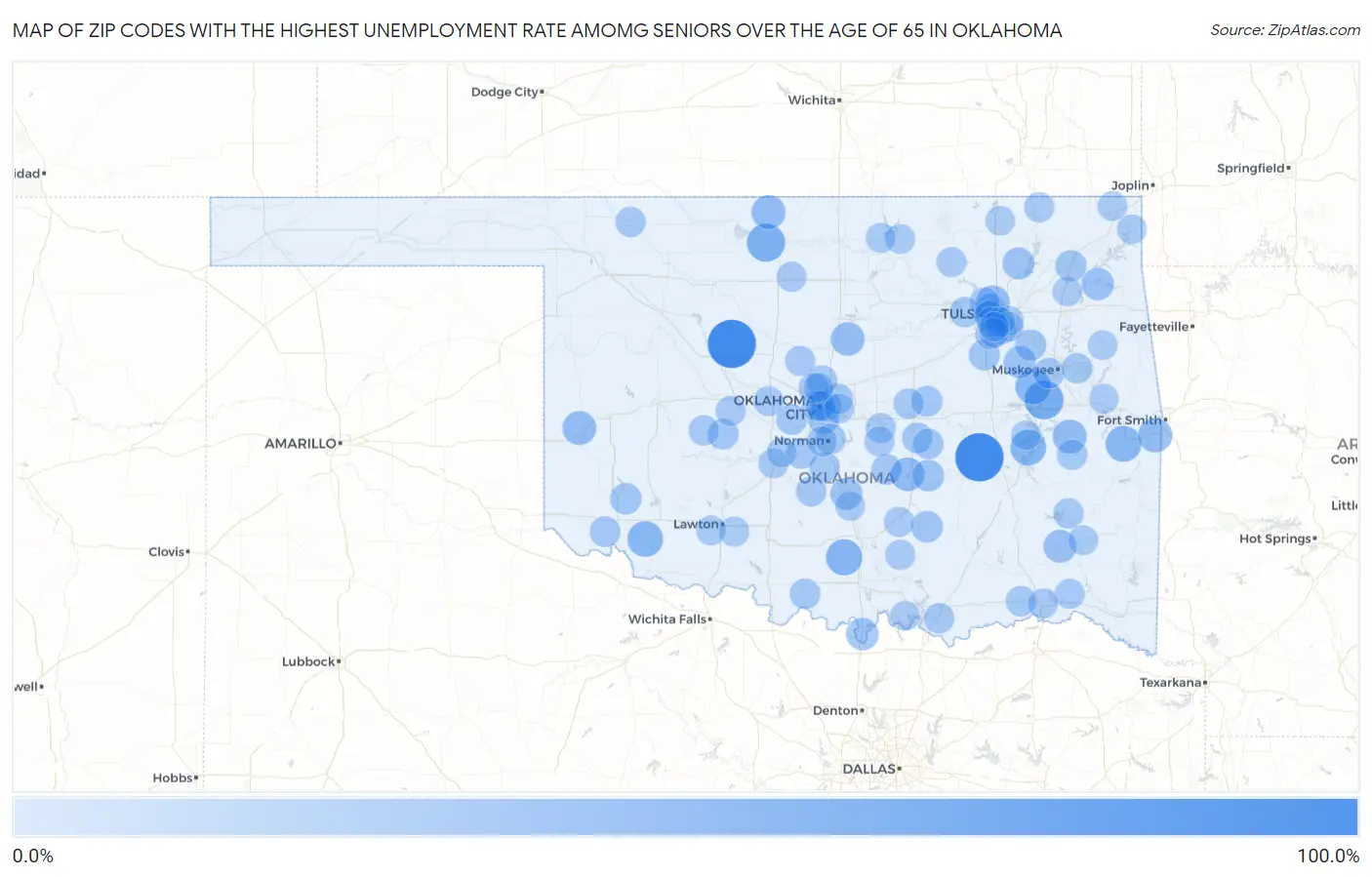 Zip Codes with the Highest Unemployment Rate Amomg Seniors Over the Age of 65 in Oklahoma Map
