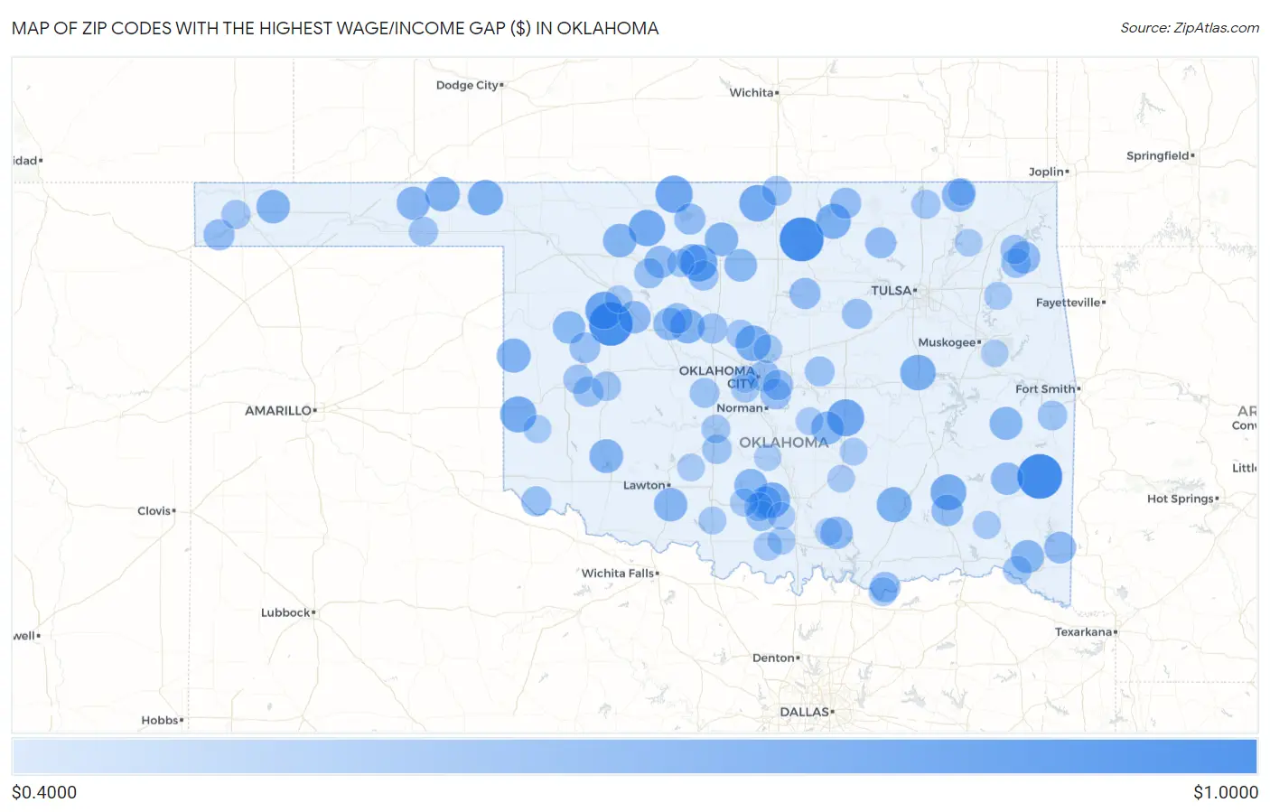 Zip Codes with the Highest Wage/Income Gap ($) in Oklahoma Map
