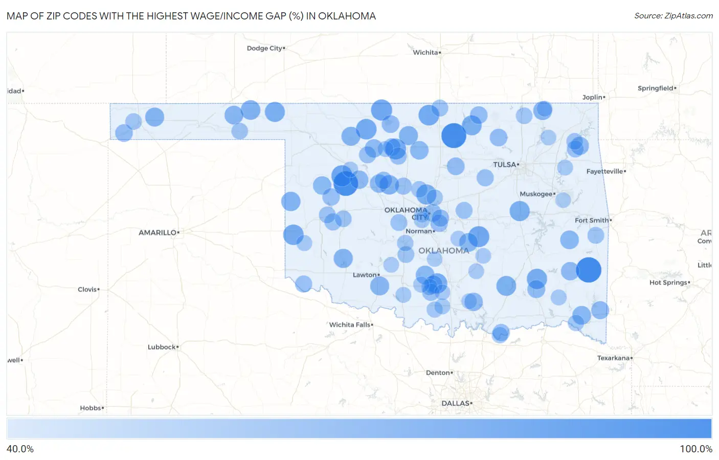 Zip Codes with the Highest Wage/Income Gap (%) in Oklahoma Map