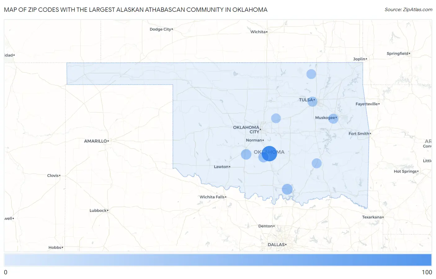 Zip Codes with the Largest Alaskan Athabascan Community in Oklahoma Map