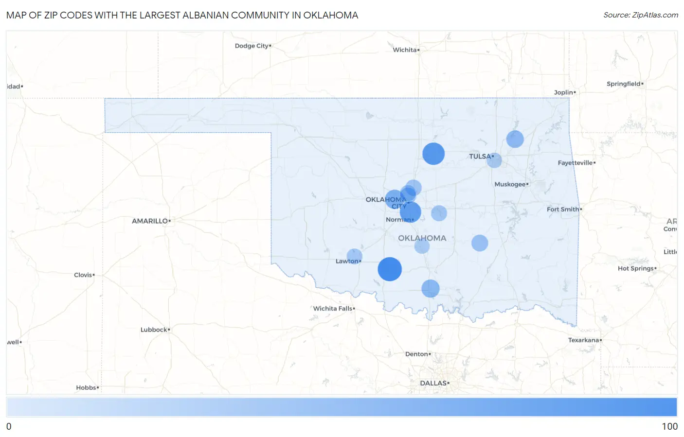 Zip Codes with the Largest Albanian Community in Oklahoma Map