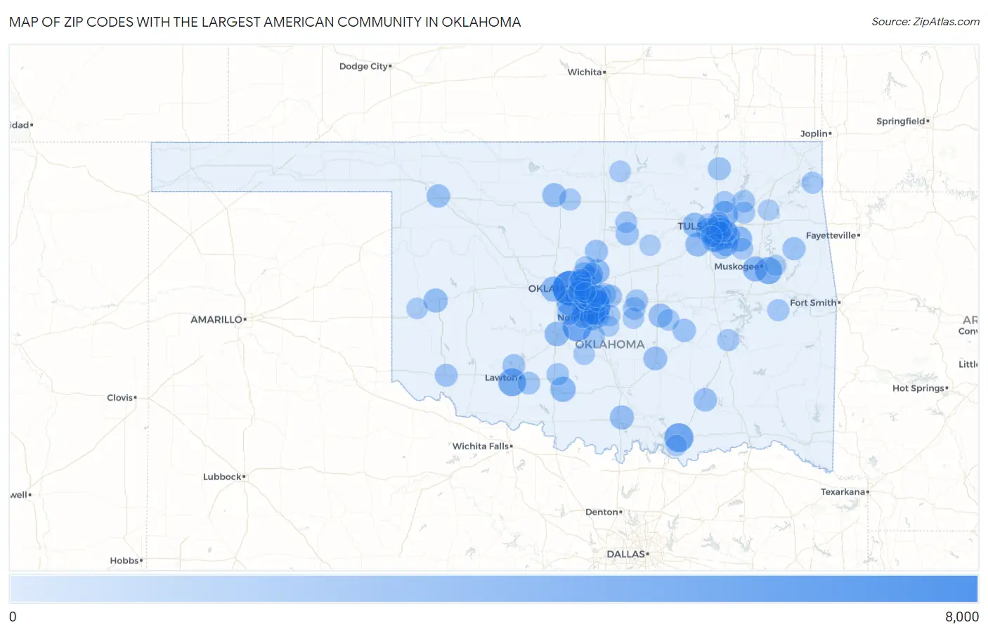 Zip Codes with the Largest American Community in Oklahoma Map