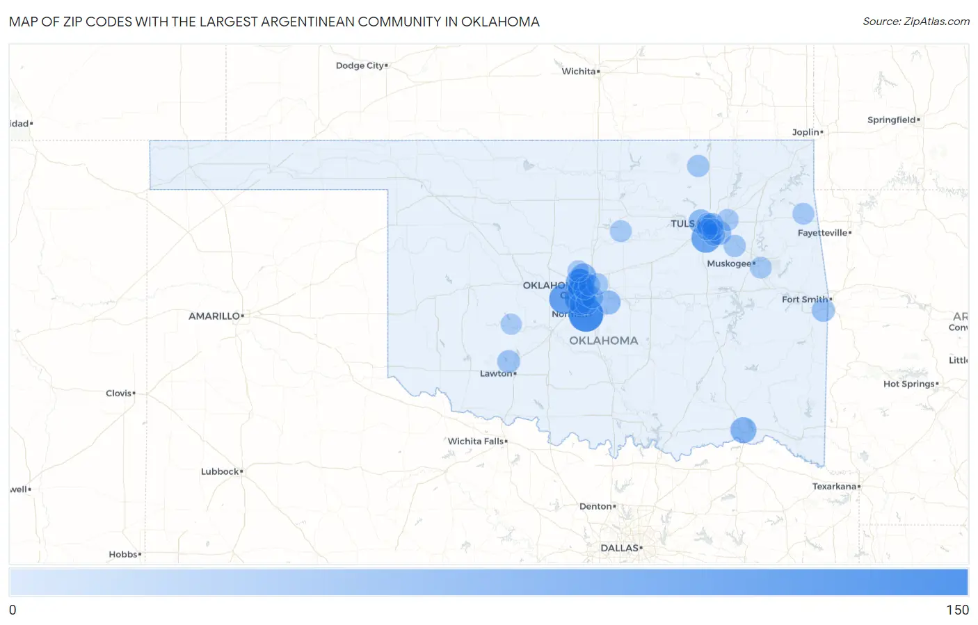 Zip Codes with the Largest Argentinean Community in Oklahoma Map