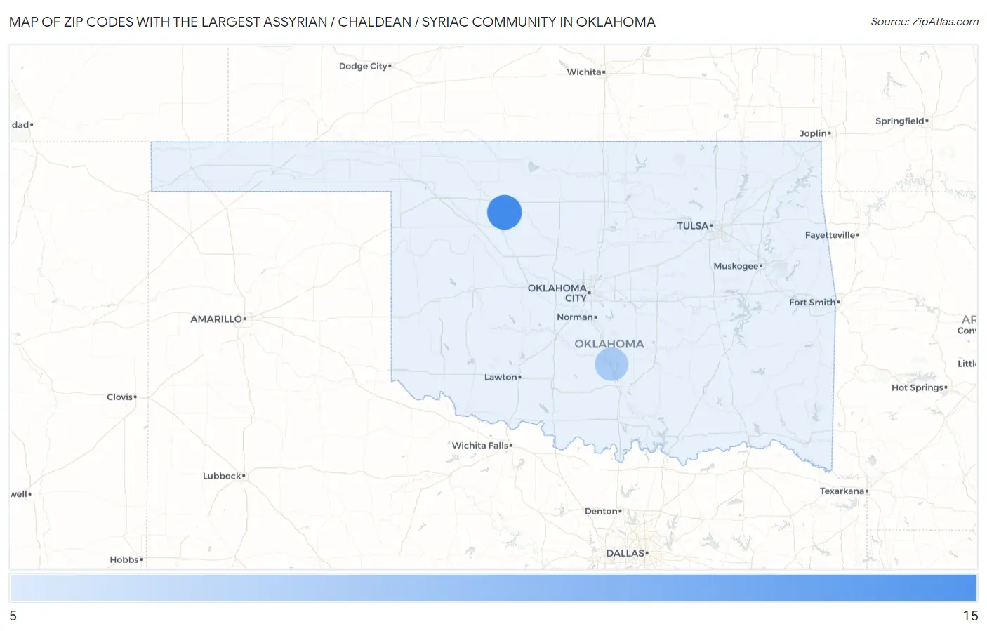 Zip Codes with the Largest Assyrian / Chaldean / Syriac Community in Oklahoma Map