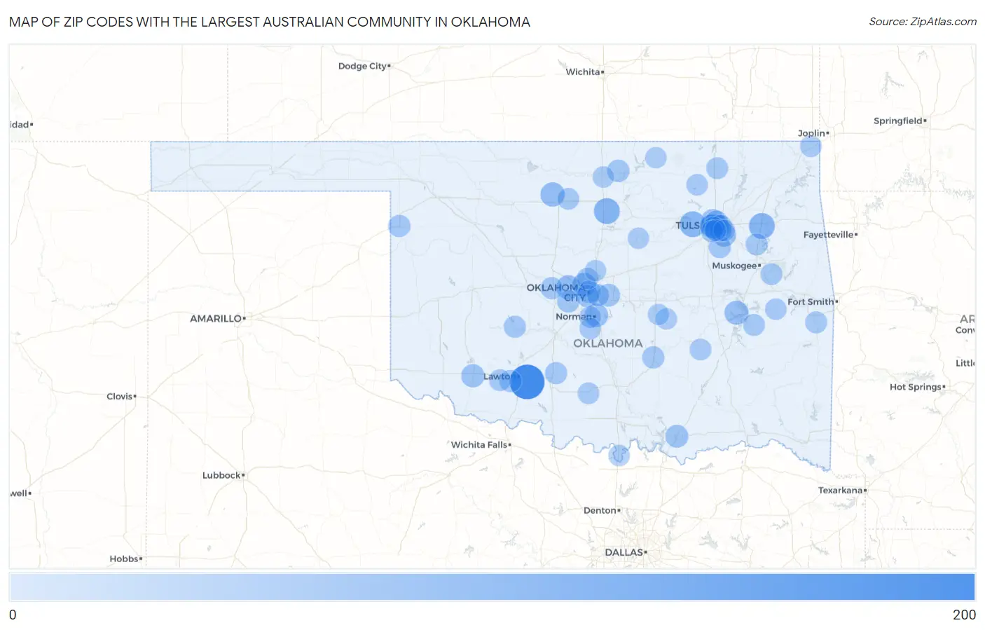 Zip Codes with the Largest Australian Community in Oklahoma Map