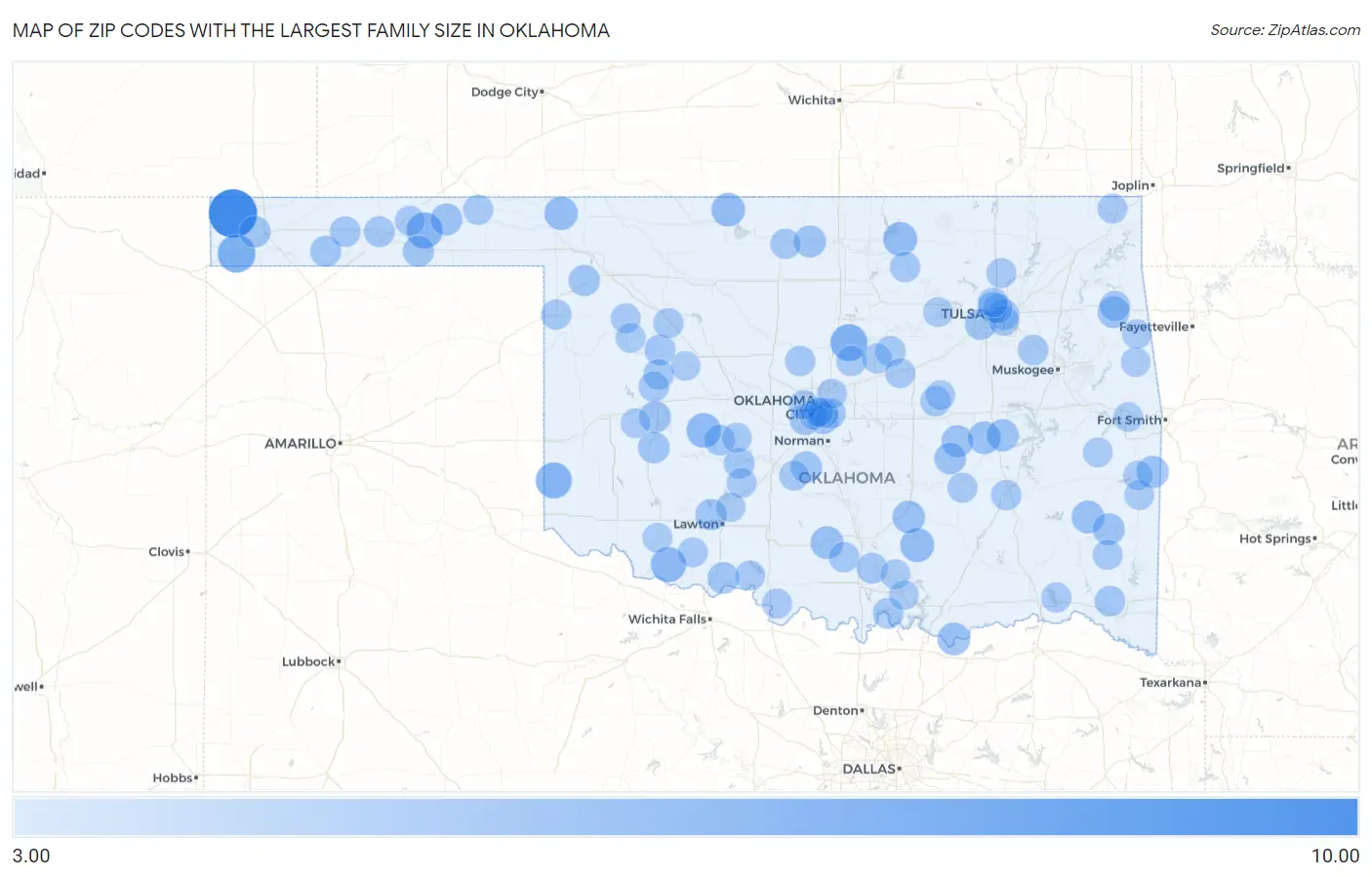 Zip Codes with the Largest Family Size in Oklahoma Map