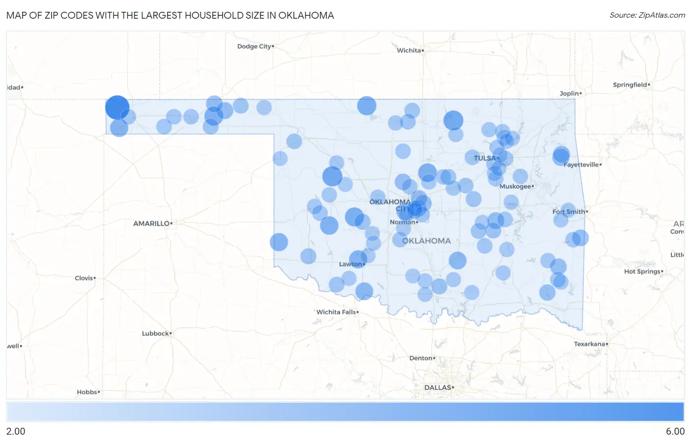 Zip Codes with the Largest Household Size in Oklahoma Map