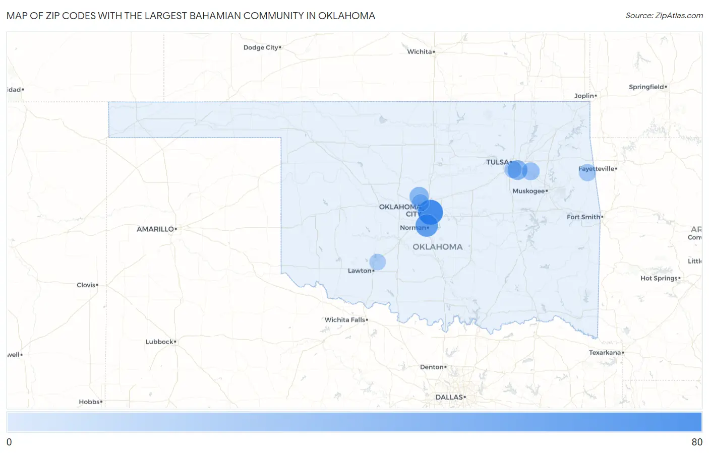 Zip Codes with the Largest Bahamian Community in Oklahoma Map