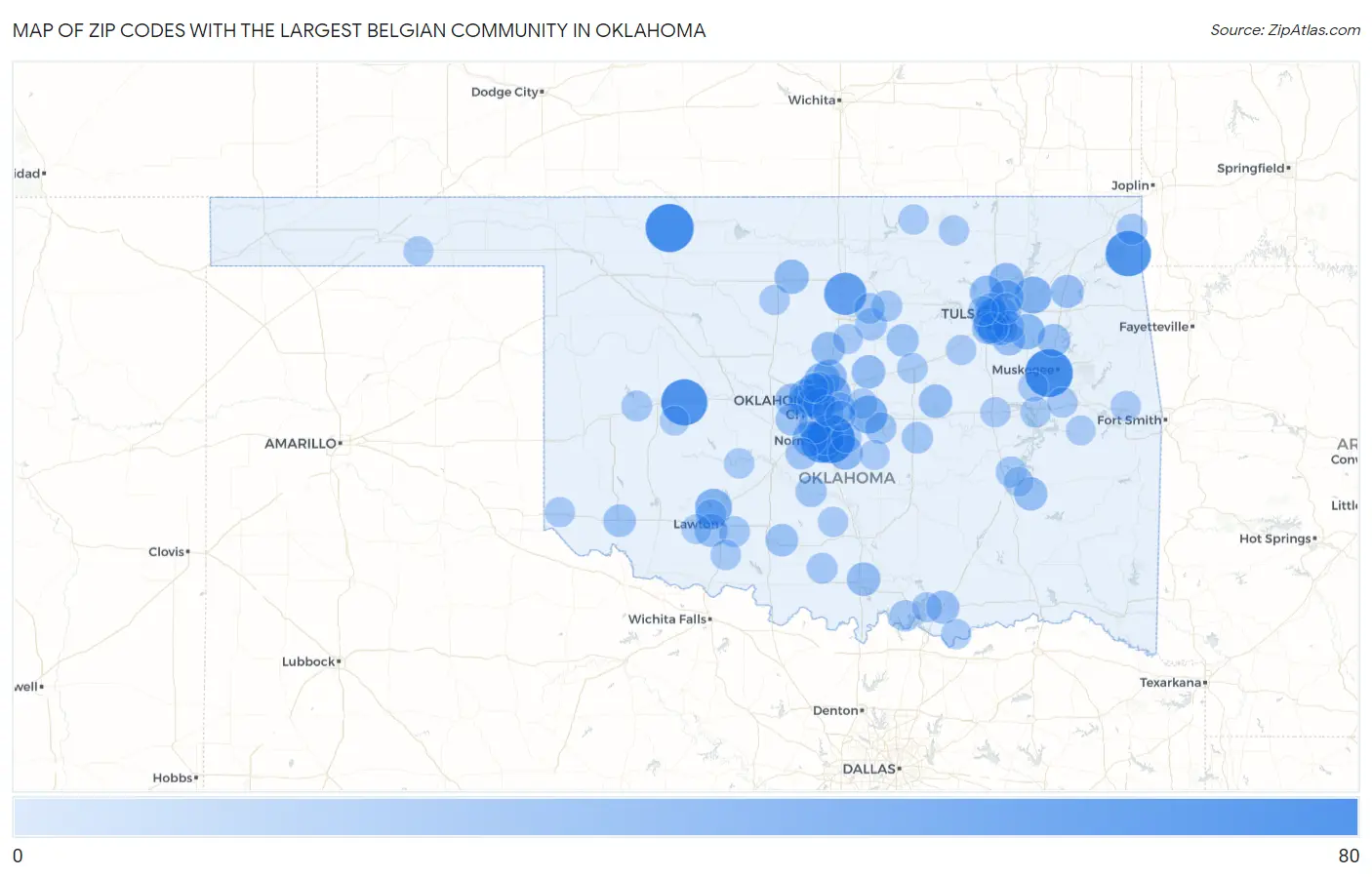 Zip Codes with the Largest Belgian Community in Oklahoma Map