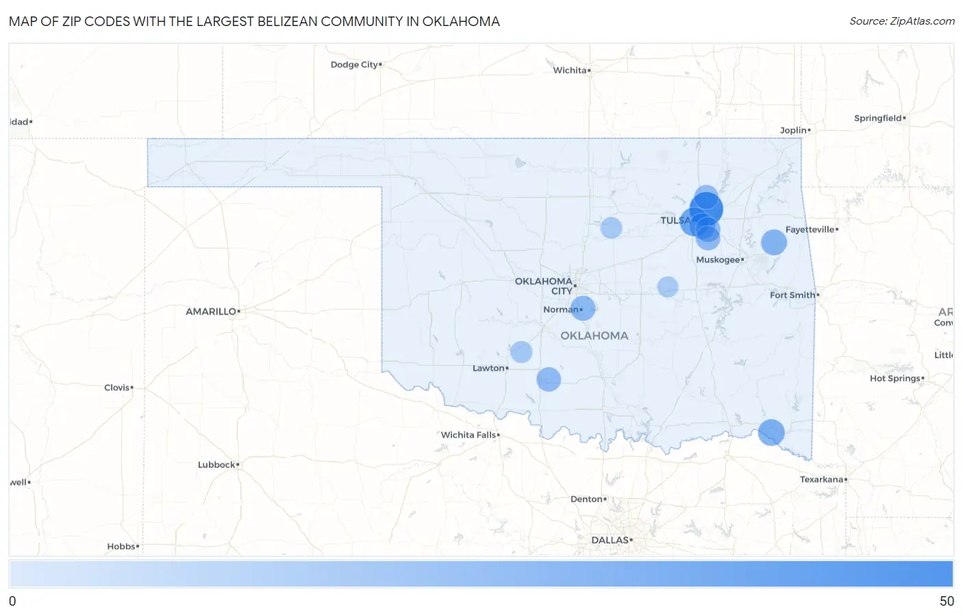 Zip Codes with the Largest Belizean Community in Oklahoma Map