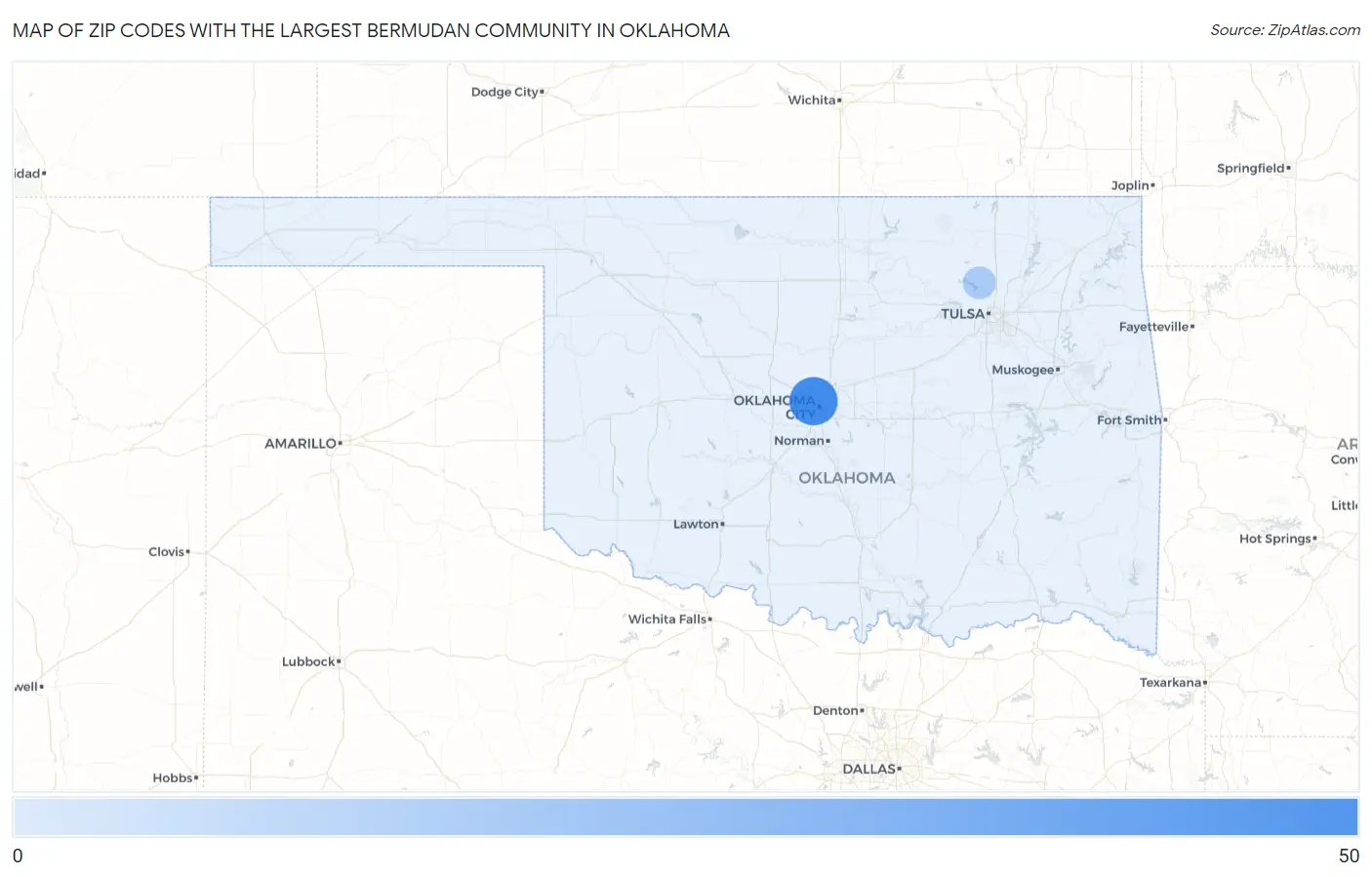 Zip Codes with the Largest Bermudan Community in Oklahoma Map