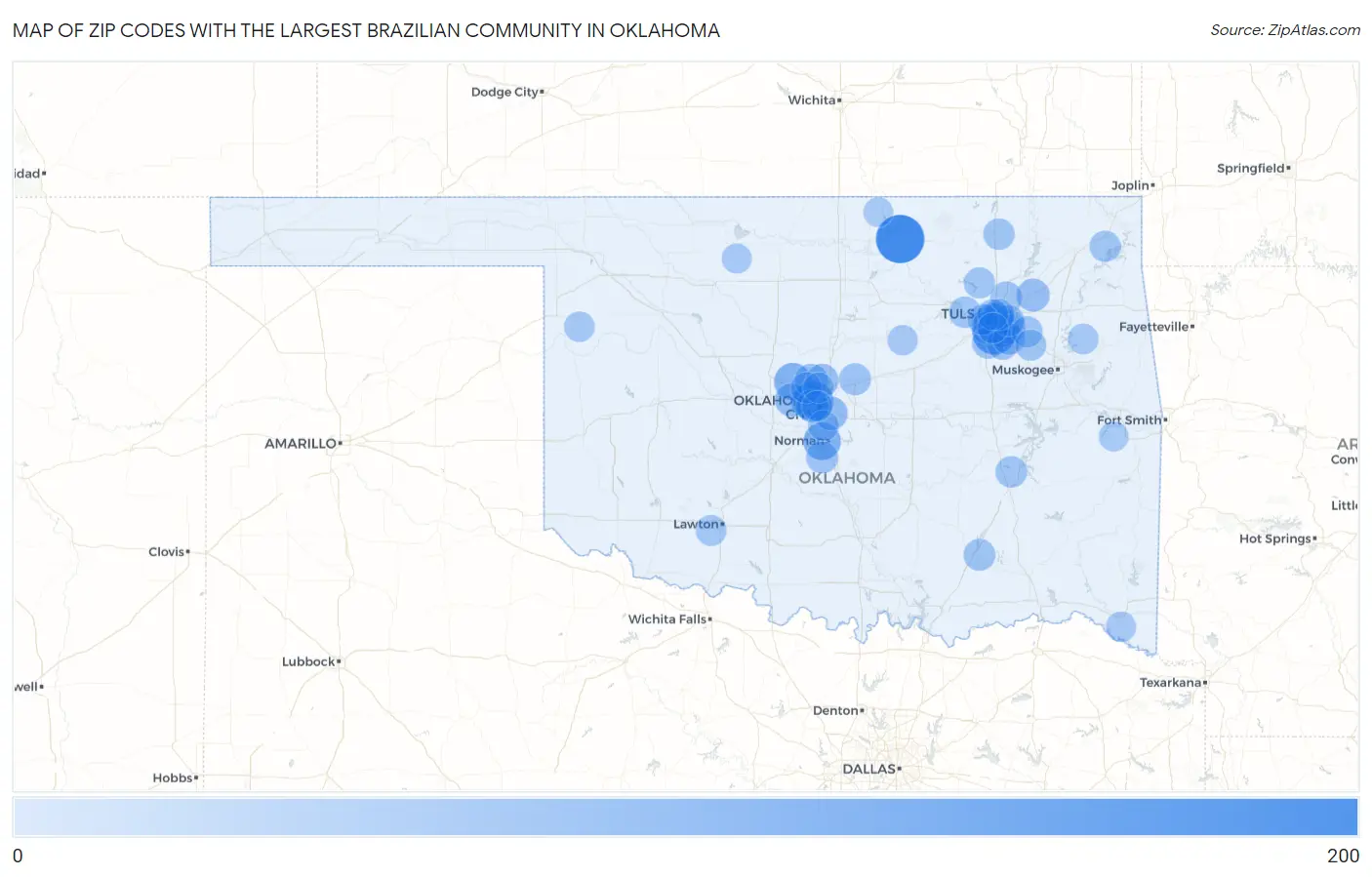 Zip Codes with the Largest Brazilian Community in Oklahoma Map