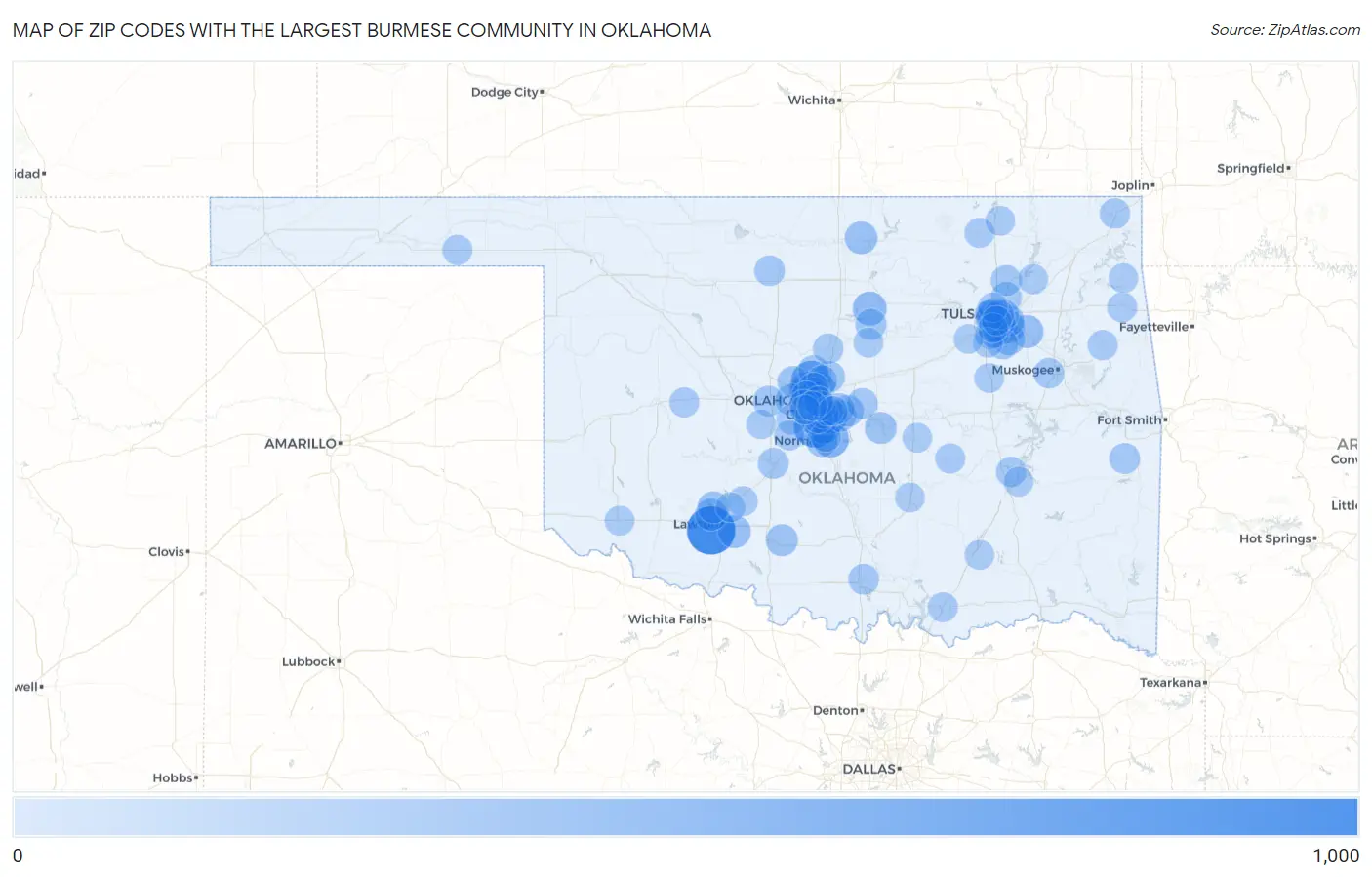 Zip Codes with the Largest Burmese Community in Oklahoma Map