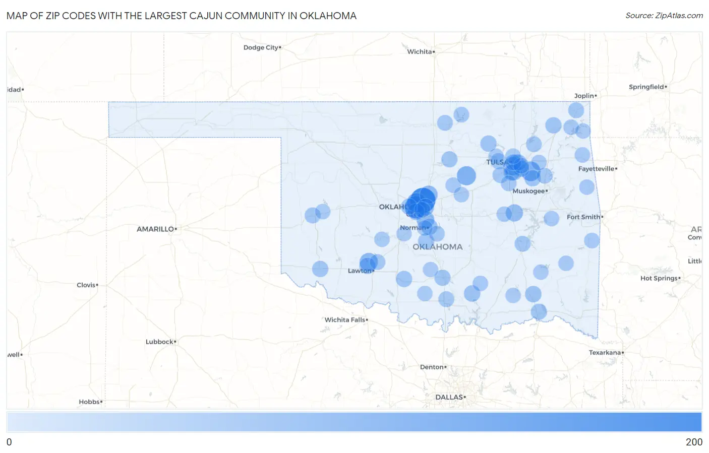 Zip Codes with the Largest Cajun Community in Oklahoma Map