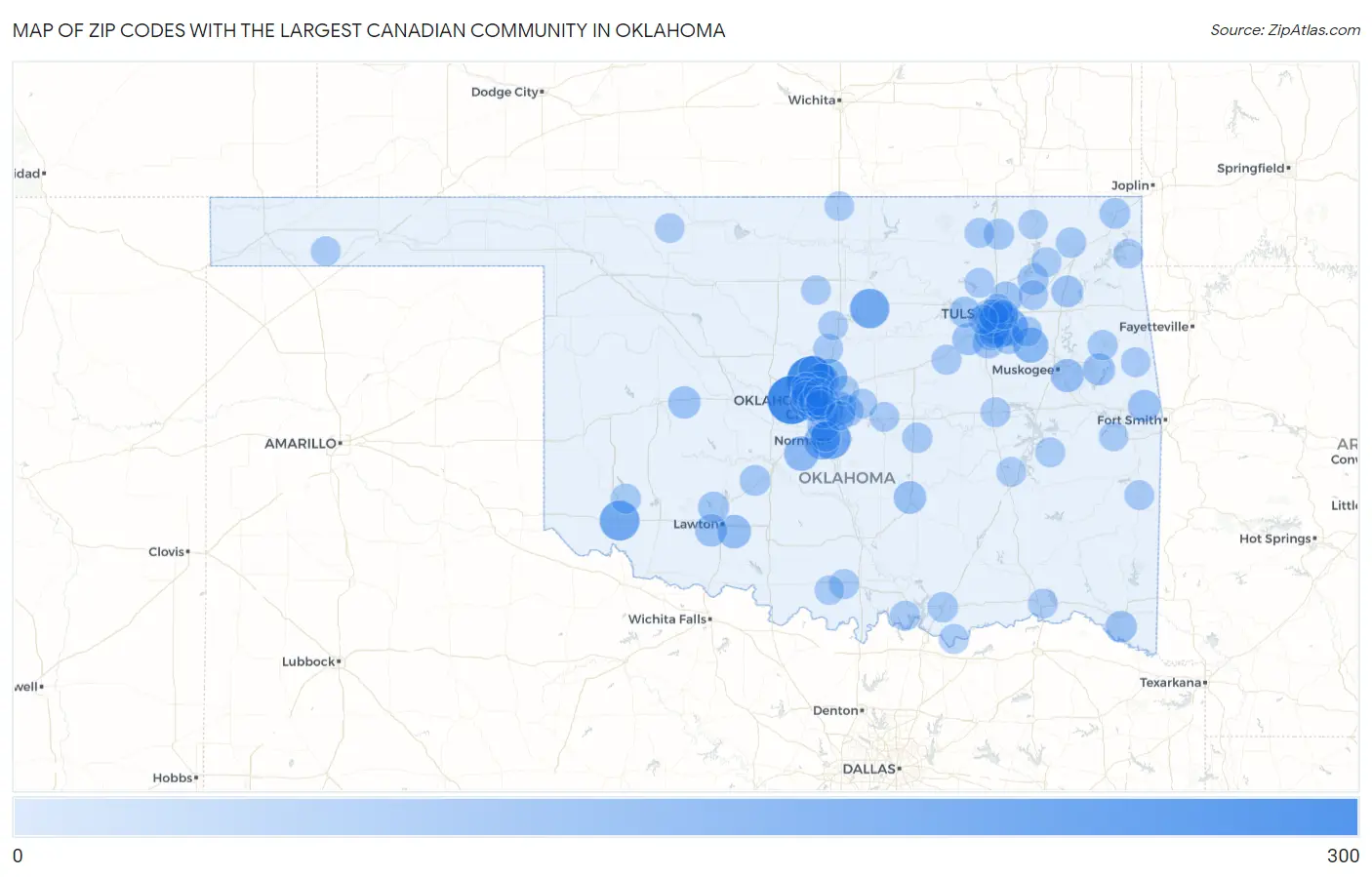 Zip Codes with the Largest Canadian Community in Oklahoma Map